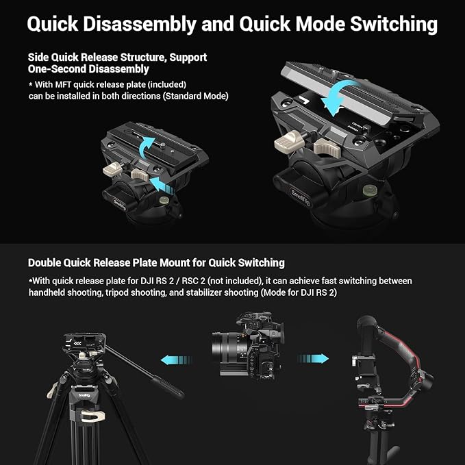 SmallRig AD-01 Video Tripod, 73" Heavy Duty Tripod with 360 Degree Fluid Head and Quick Release Plate for DSLR, Camcorder, Cameras 3751 - Image 6