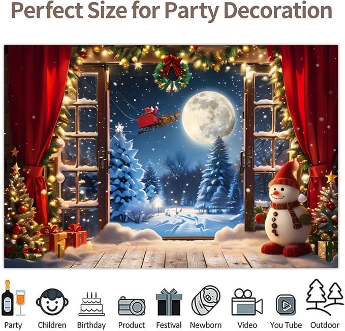 Christmas Backdrop 10x6.5ft Winter Full Moon Snow Pine Trees Forest Santa Claus Background Snowman Xmas Tree Party Decors Photo Booth Props - Image 4