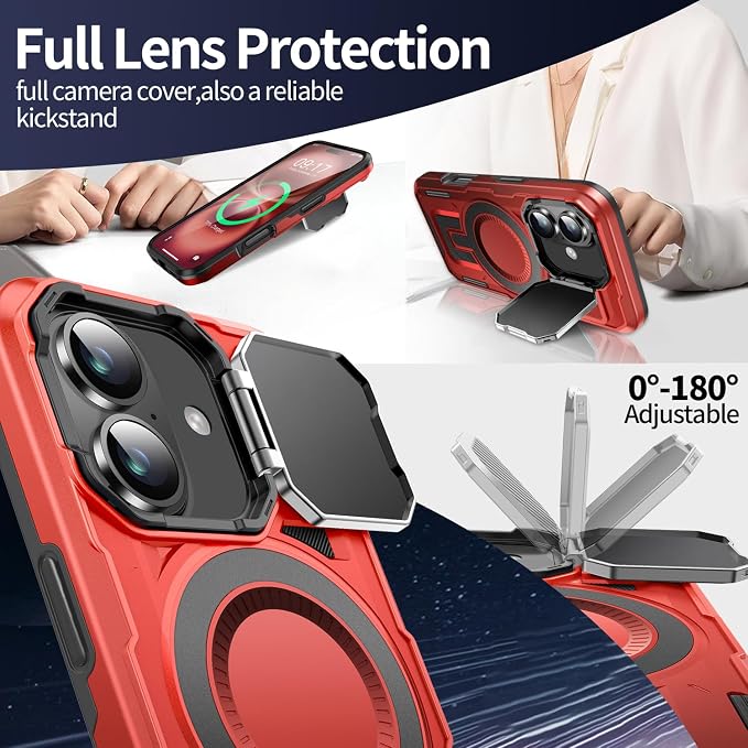 Camera Stand Case for iPhone 16, [Compatible with MagSafe] [Lens Cover] 2024 Version Military Grade Protective Soft Case for iPhone 16 6.1 inch Men Women, Red - Image 3