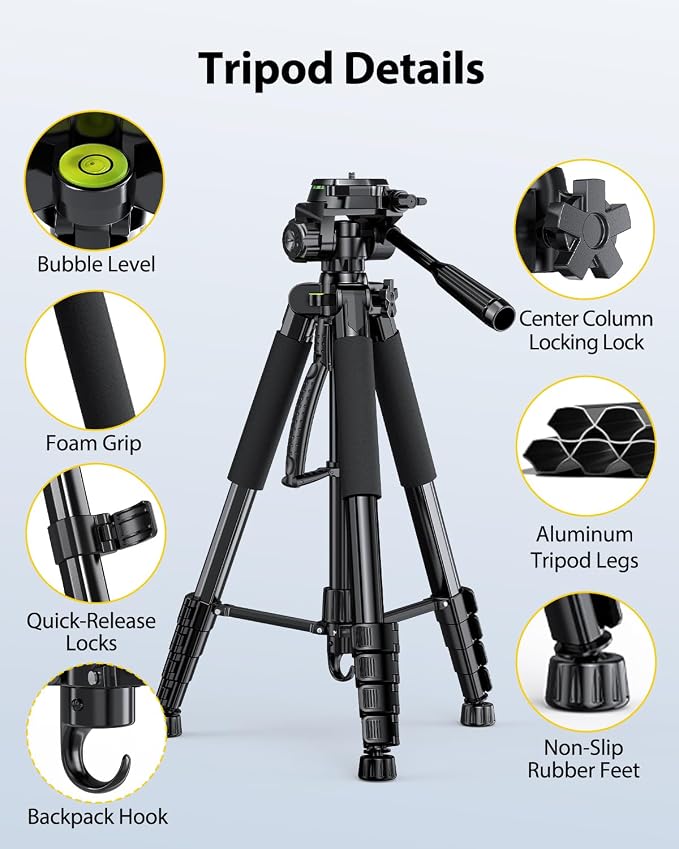 UBeesize 67” Camera Tripod with Travel Bag, Cell Phone Tripod with Bluetooth Remote and Phone Holder, Compatible with All Cameras, Cell Phones, Projector, Webcam, Spotting Scopes - Image 6