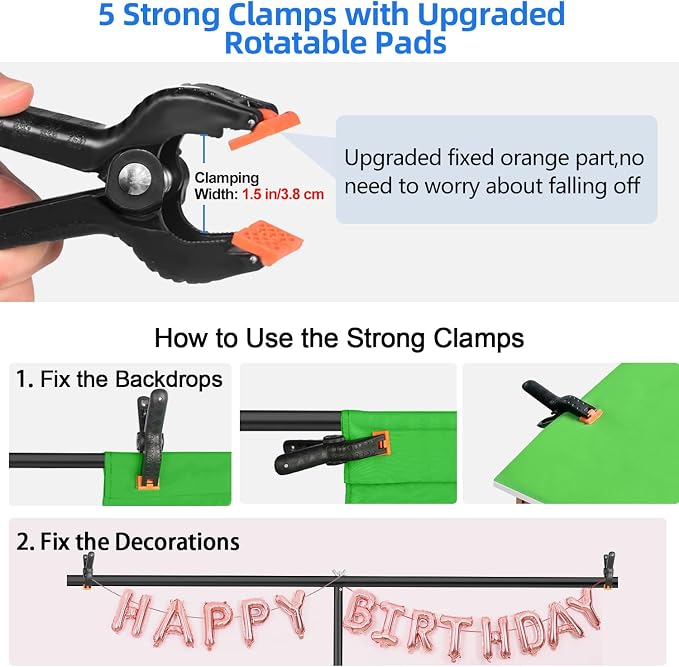 Hemmotop T-Shape Photo Backdrop Stand Portable 7x5ft (HxW) | Threaded Connection, Same Pipe Size, Extra Sturdy, with 5 Clips and Carry Bag, for Birthday, Baby Shower Party, Photoshoot - Image 7