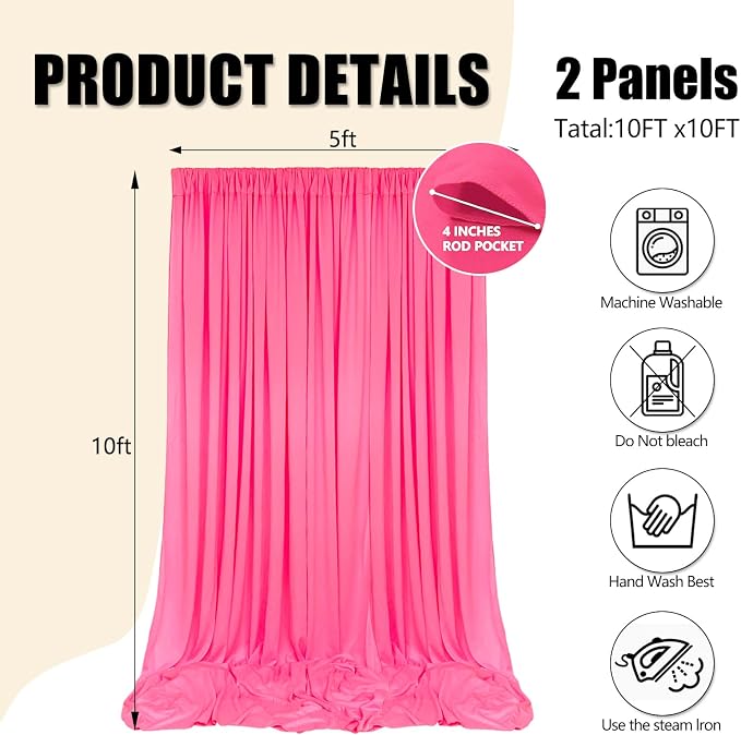 10ft x 10ft Fluorescent Pink Backdrop Curtains for Parties, Polyester Fabric Backdrop Drapes with Rod Pockets for Weddings, Birthday, Mother's Day, Graduation Party Background Curtain, 2 Panels - Image 2