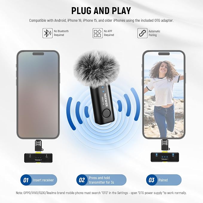 NEEWER Wireless Lavalier Microphone for iPhone Android Tablet PC Laptop 131ft/40m Range Noise Cancellation Omnidirectional Mic for Vlogging Live Streaming (1x RX + 2x TX), KM23 - Image 5