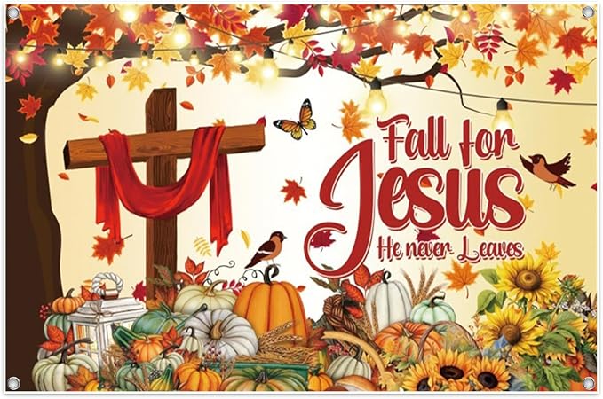 Thanksgiving Banner 7x5ft Polyester Fall for Jesus He Never Leaves Banner Outdoor Happy Thanksgiving Backdrop Fall Decorations for Party Pumpkin Patch Backdrop by Leowefowa
