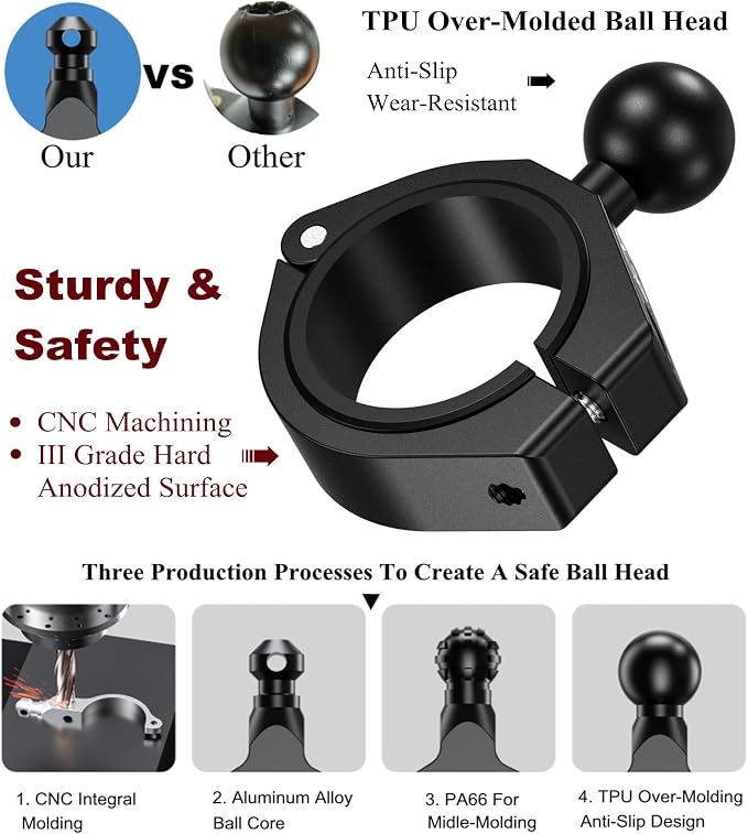 BRCOVAN Aluminum Alloy Large Bar Clamp Mount Base with 1'' TPU Ball | Fit 1.5'' / 1.65'' / 1.75'' / 1.85'' / 2'' Diameter Round Rails, Fit for RAM Mounts B Size 1 Inch Ball Double Socket Arm - Image 3