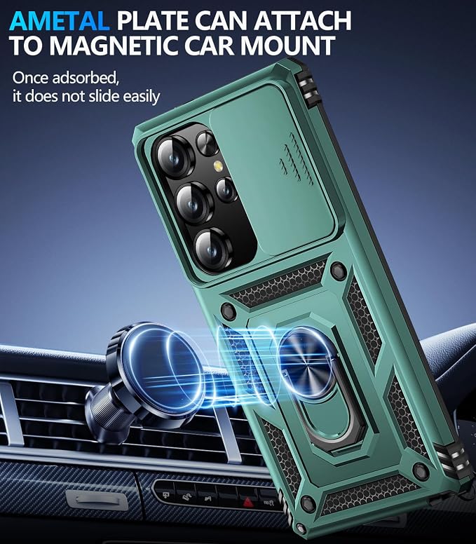 Taisairu for Samsung Galaxy S25 Ultra Case with Screen Protector & Slide Camera Lens Cover, Built-in Magnetic Ring Stand Shockproof Protective Phone Case for Samsung S25 Ultra Case (Green) - Image 5