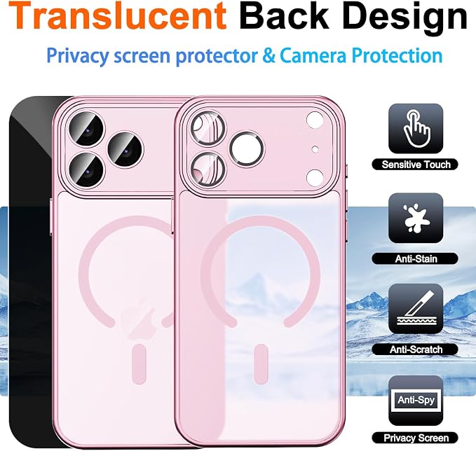 Magnetic for iPhone 17 Pro Max Case, Shockproof Cover, Pink | Full Camera Protector, with Privacy Screen Protector, Compatible with MagSafe, Translucent Matte, Military-Grade Protection - Image 2