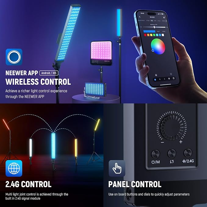 NEEWER Photography RGB Light Stick Kit, 2 Pack LED Video Tube Lights w/Stands, Diffusers, 3250Lux Dimmable Light Wand 2500-10000K CRI95+/TLCI97+ APP/2.4G/Panel Control for Live/Videos/Vlog, BH20C - Image 7