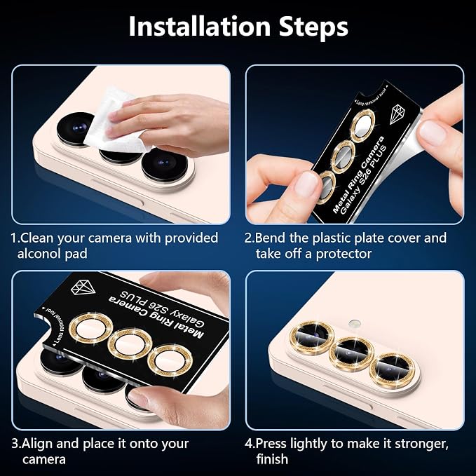for Samsung Galaxy S26 Plus Camera Lens Protector, Individual Metal Ring Tempered Glass Lens Cover, [Strong Adsorption] Scratch Resistant Ultra-Thin HD Clear Lens Cover, 1 Set-Gold Sparkly - Image 7