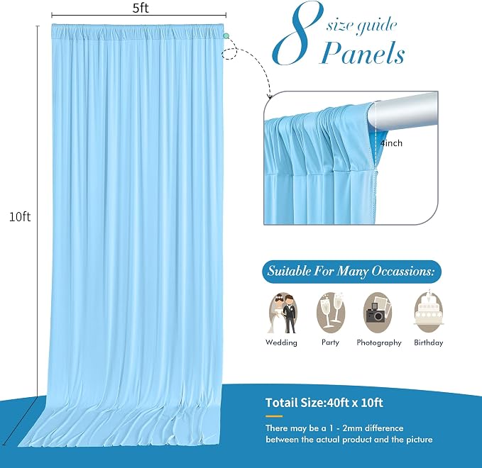 40 ft x 10 ft Wrinkle Free Baby Blue Backdrop Curtains for Parties, 8 Panels Polyester Light Blue Photo Backdrop Drapes for Birthday Wedding Party Baby Shower Photography - Image 5