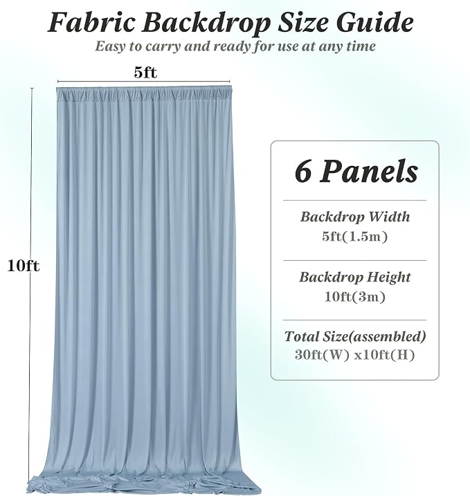 30 ft x 10 ft Wrinkle Free Dusty Blue Backdrop Curtain for Parties, 6 Panels 10ft Polyester Dusty Blue Photo Backdrop Drapes for Graduation Birthday Wedding Party Stage Curtains - Image 7