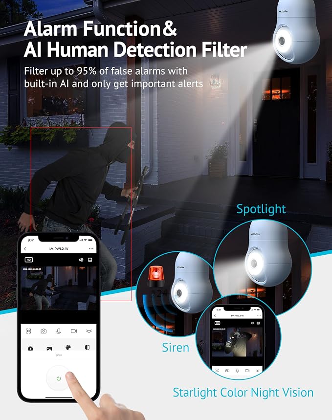 LaView 4G LTE Cellular Light Bulb Security Camera,360°2K Security Cameras Wireless Outdoor Indoor 4MP Full Color Day and Night,Motion Detection, Audible Alarm,Easy Installation,Compatible with Alexa - Image 8
