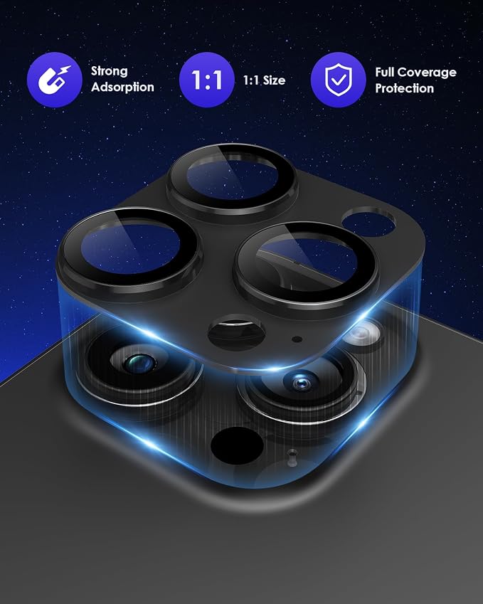 Compatible for iPhone 15 Pro/iPhone 15 Pro Max Camera Lens Protector [Full Coverage Metal] 9H Tempered Glass Screen Camera Cover Titanium Black+Black - Image 2