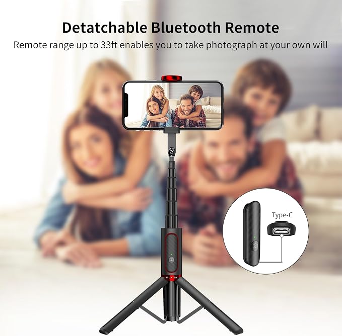 ATUMTEK Selfie Stick Tripod, 3-in-1 Extendable Aluminum Phone Tripod with Detachable Bluetooth Remote, Compatible with iPhone 17/16/15/14/13/12/11/11 Pro/XS Max/XR and Samsung Smartphones, Red - Image 3