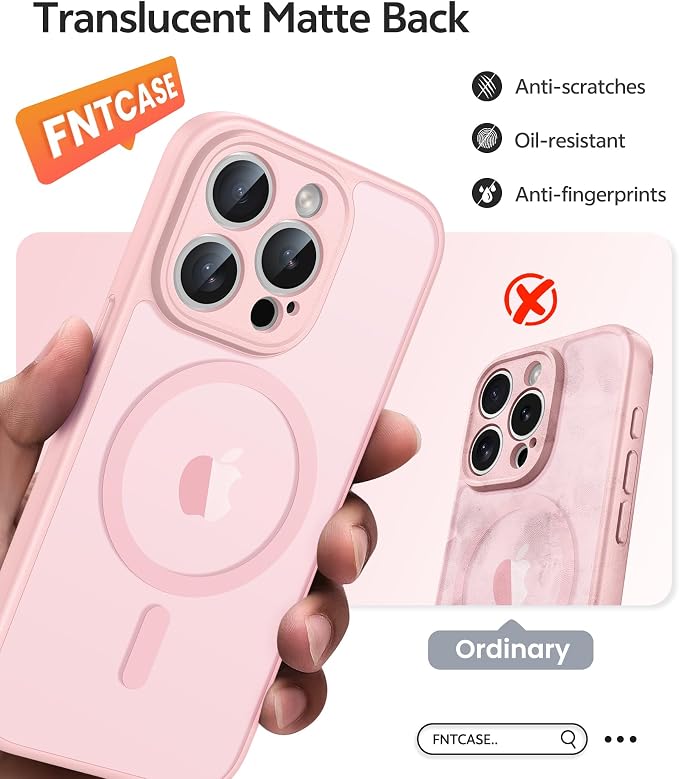 FNTCASE for iPhone 15 Pro Case, Fit for Magsafe, Screen Protector | Full Camera Protection, Translucent Matte, 14FT Military Grade Drop Proof, Shockproof Protective Phone Cover, Light Pink - Image 6