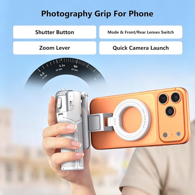 [3 in 1] Magnetic Phone Camera Shutter Grip, Extendable Selfie Stick & Tripod Portable for Magsafe iPhone & Android with Detachable Wireless Shutter Button Remote Control Ergonomic Handle - White - Image 3