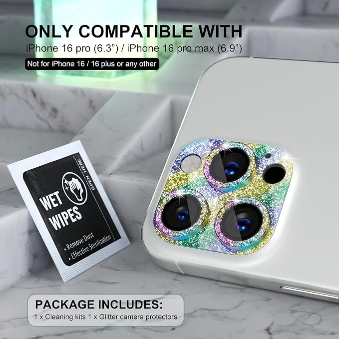 Choiche for iPhone 16 Pro/iPhone 16 Pro Max Camera Lens Protector | Bling Camera Cover with 9H Tempered Glass Lens Screen Protector Metal Ring Decoration Accessories (Glitter-Colorful) - Image 2