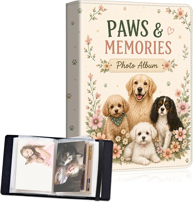 DEGDFSGR 5x7 Small Photo Album, 60 Pockets Holds 120 Photos | Slip-in pockets, black elastic band, portable for family, wedding, baby, travel photos, Cute Golden Retriever Wildflower by Unknown