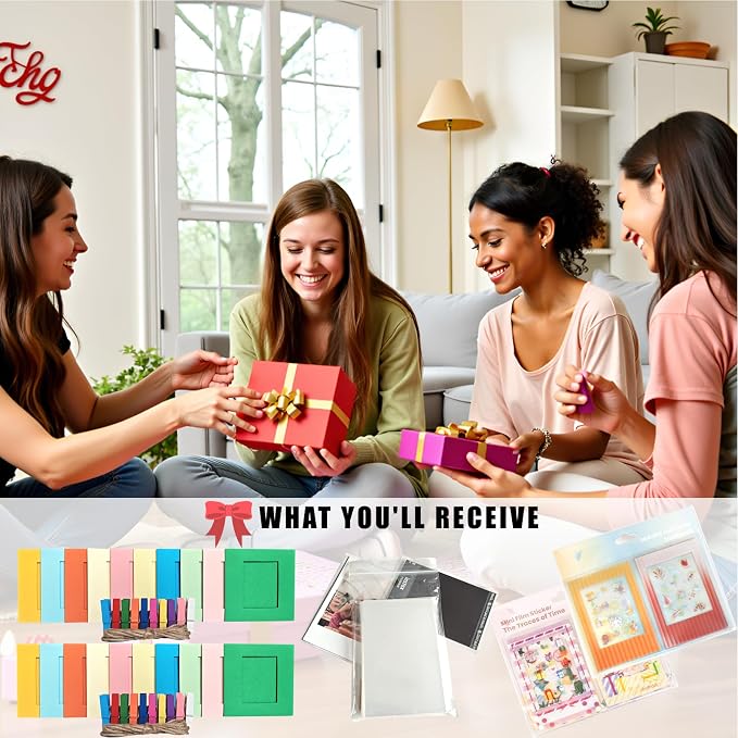 2x3 Picture Hanging Paper Frames with Stickers for Instax Mini Films | 20 Frames with Clips & String, 20 Border Stickers, 20 Photo Protector Perfect for 54x86mm Polaroid Mini Photo,Colorful & Cute - Image 7