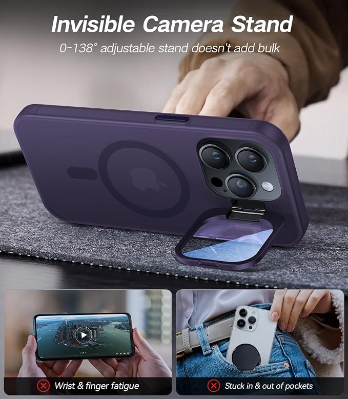 VOFATA for iPhone 15 Pro Max Case with Camera Cover Stand [Built-in 9H Camera Lens Protector][Fit for Magsafe] Military Grade Shockproof Translucent Matte Magnetic Phone Case 6.7", Purple - Image 3