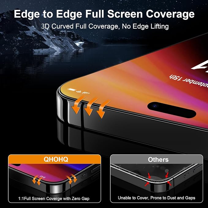 QHOHQ iPhone 16 Screen Protector + Camera Lens Protector, 3+3 Pack | Military Grade Shatterproof, Top 9H+ Tempered Glass, Full Edge Coverage, Bubble-Free, Ultra Durable, Easy Installation Tool - Image 3