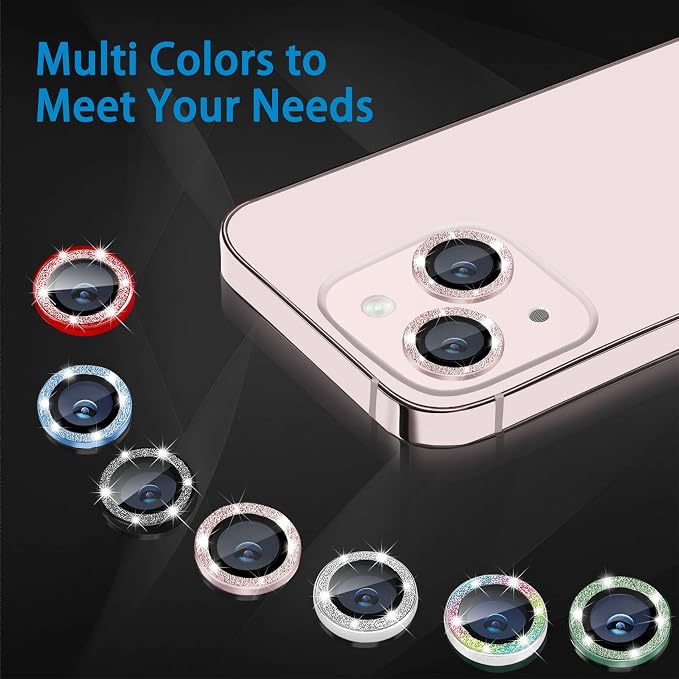 for iPhone 13 Mini & iPhone 13 Camera Lens Protector, Bling Glitter 9H Tempered Glass Camera Cover Anti Scratch Shockproof Screen Protector Individual Ring - 2Pcs Glitter Blue - Image 7