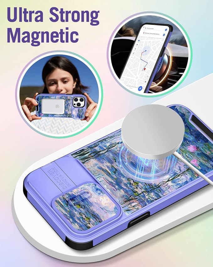 Buleens for iPhone 13 Pro Case 6.1 Inch - with Ring Stand & Camera Cover Aesthetic Cute Designed for Women Girls Girly Pretty Blue Water Lily for Phone Case for iPhone 13 Pro Compatible with Magsafe - Image 4