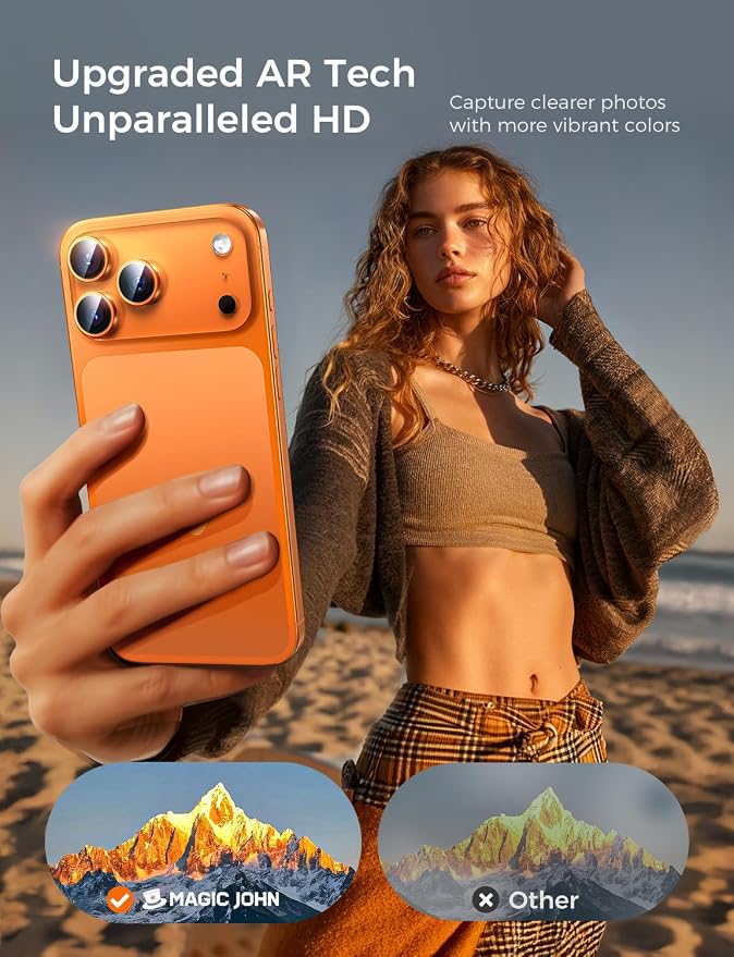 MAGIC JOHN 2 pack for iPhone 17 Pro Max/17 Pro Camera Lens Protector,Orange | [Alignment Kit&1:1 Invisible Fit] 9H Aerospace Tempered Glass, Ultra HD, Metal Individual Ring - Image 4