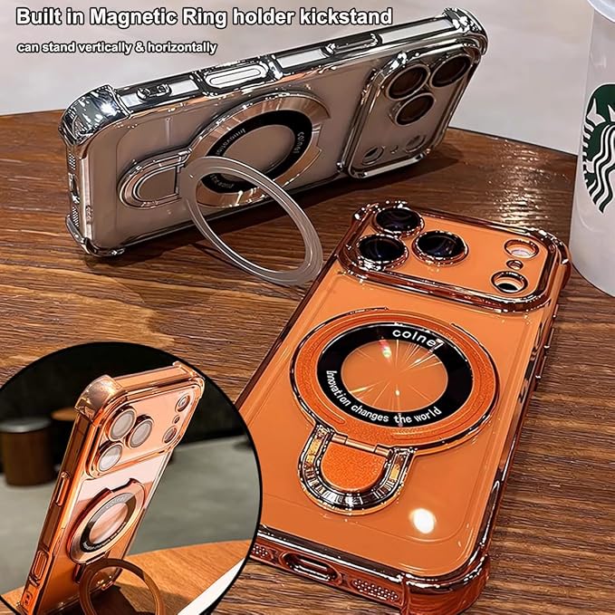 for iPhone 17 Pro Clear Case with Magnetic Ring Stand, [Compatible with MagSafe] Shockproof Kickstand Plating Soft Case with Camera Lens Protector Girls Woman Cover for 17 Pro 6.3", Orange - Image 2