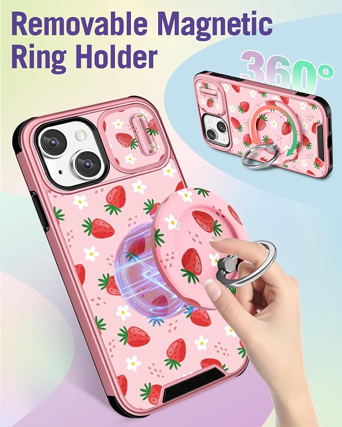 Buleens for iPhone 15 Case 6.1 Inch - with Ring Stand & Camera Cover Aesthetic Cute Designed for Women Girls Girly Pretty Strawberry for Phone Case for iPhone 15 Compatible with Magsafe - Image 5