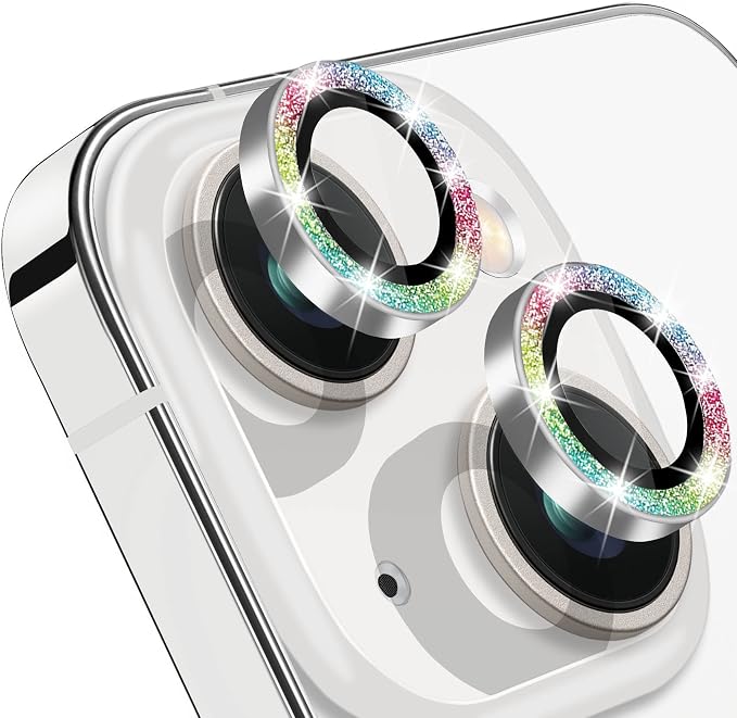 for iPhone 13 Mini & iPhone 13 Camera Lens Protector, Bling Glitter 9H Tempered Glass Camera Cover Anti Scratch Shockproof Screen Protector Individual Ring - 2Pcs Glitter Colorful - Image 8