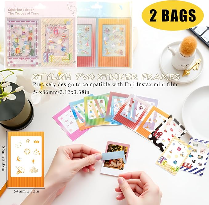 2x3 Picture Hanging Paper Frames with Stickers for Instax Mini Films | 20 Frames with Clips & String, 20 Border Stickers, 20 Photo Protector Perfect for 54x86mm Polaroid Mini Photo,Colorful & Cute - Image 3