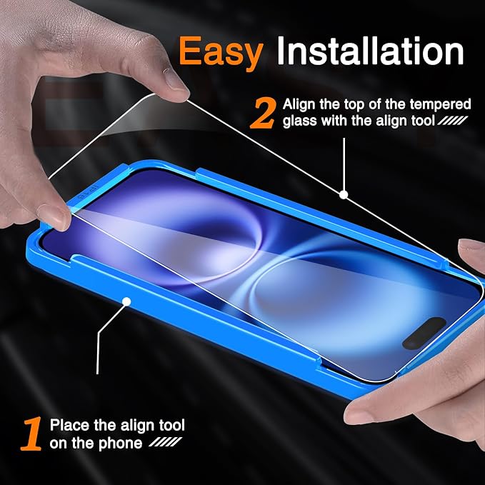Wiaocit Tempered Glass Screen Protector for iPhone 16 | 3+3 Pack, 9H Hardness, Camera Lens Protector, Installation Frame, Bubble Free, Case Friendly - Image 2