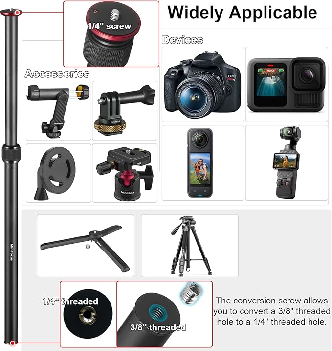 MINIFOCUS Tripod Extension, 2 Section Center Columns, 23.4" Alloy Aluminum Tripod Extender Tube Telescopic Stick Rod/Pole with 1/4" 3/8" Screw, Compatible with Tripods/Gimbal/Camera, Max Load 33lb - Image 4