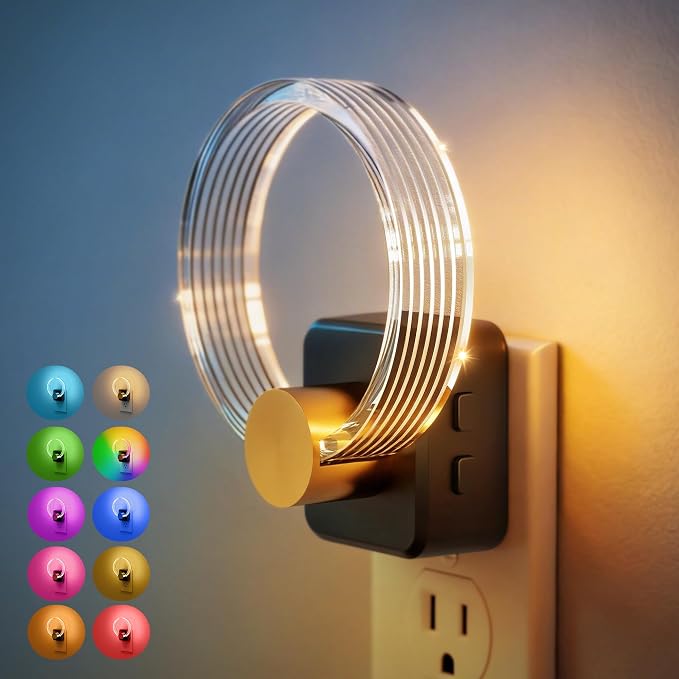 JandCase Night Light, Color Changing Night Lights Plug into Wall, 1 Pack | RGB Nightlight with Light Sensor, 180° Rotatable Plug in Nightlights, Dimmable Ring Acrylic Night Light for Kids Gift Hallway by JandCase
