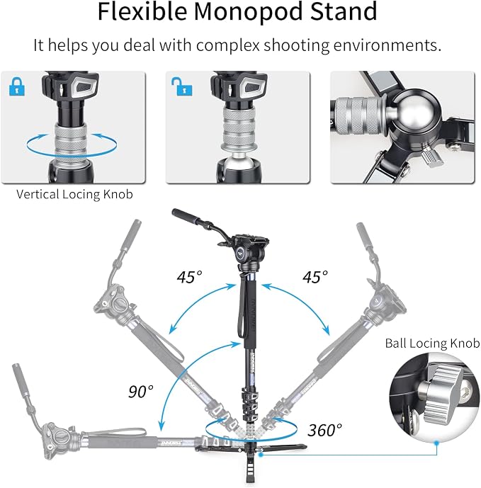 Professional Video Monopod Kit-INNOREL VM70K Including CNC Aluminum Fluid Head, Removable Tripod Base and Flexible Monopod Stand for DSLR,Telescopic,Camera,Camcorders (VM70K) - Image 5
