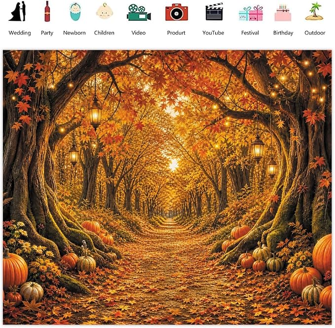 Fall Forest Photo Backdrop 10x10ft Autumn Garden Backdrop for Photography Fall Pumpkin Maple Wonderland Floral Background for Photoshoot Thanksgiving Birthday Photo Booth Props Vinyl - Image 2