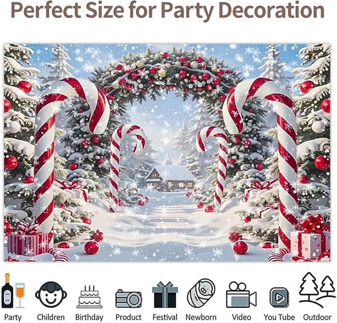 Winter Christmas Cane Candy Photography Backdrop 12x10ft Xmas Snow Scene Christmas Tree Background New Year Eve Party Decorations Banner Winter Holiday Photo Studio Props Vinyl - Image 4