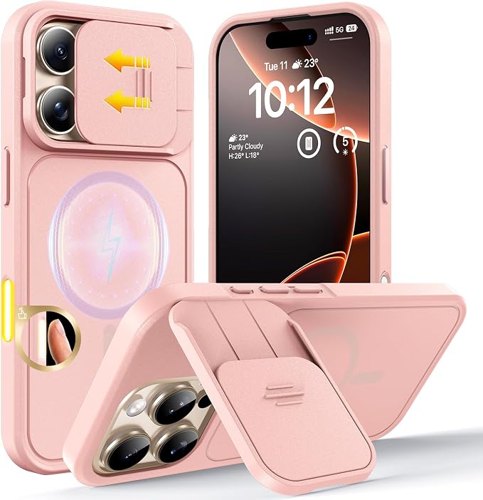TOCOL for iPhone 16 Pro Max Case with Slide Camera Cover, Kickstand and Camera Control Button, Fit for MagSafe, Rugged Solid Phone Case, Non-Slip, Drop Protection, Pink by TOCOL