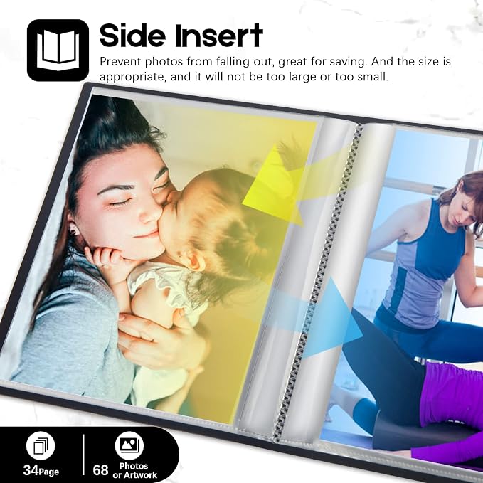 Aevdor 8x10 Photo Album and Art Portfolio, Holds 68 Photos, Black | Lightweight Plastic Cover, Elastic Closure, Clear Pockets for Photos, Artwork, Portraits, Certificates & Sketches - Image 5