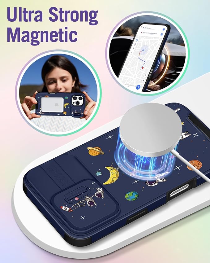 Buleens for iPhone 16 Pro Max Case 6.9 Inch - with Ring Stand & Camera Cover Aesthetic Cute Designed for Women Girls Girly Cartoon Astronaut Phone Case for iPhone 16 Pro Max Compatible with Magsafe - Image 4
