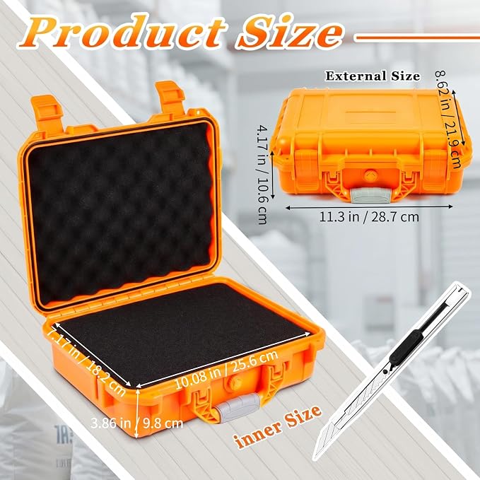 Relaxweex 1 Pcs Waterproof Hard Case with DIY Customizable Foam Insert Portable Protective Case with Knife for Camera Drones Equipments Tools Test Instruments(Orange,11.3 x 8.7 x 4.2 Inch) - Image 2