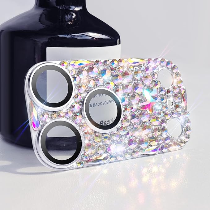 Bling Diamond Camera Lens Protector Compatible with iPhone 17 Pro Max, Metal Glitter Gem Camera Cover，9H Tempered Glass lens full Screen Sparkle Rhinestone Protector by Cavdycidy