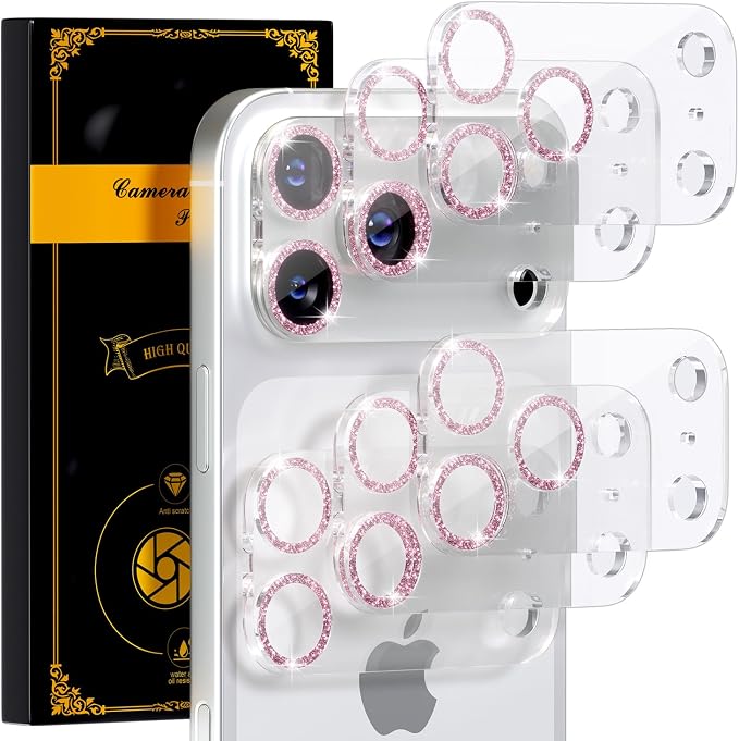 for 6 Pack iPhone 17 Pro Camera Lens Protectors, Glitter Pink | [Drop Protection] [Case Friendly] [Easy Installation] 9H Tempered Glass Camera Screen Protector Cover Accessories 6.3-inch by Beuxece
