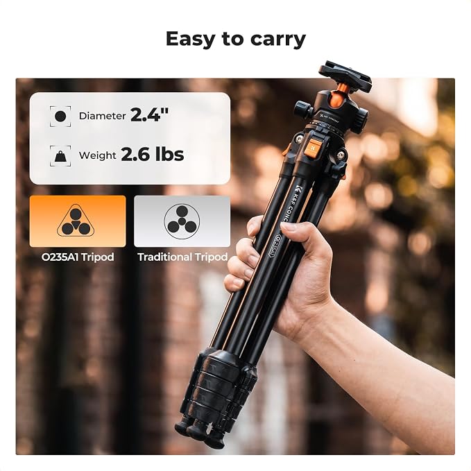 K&F CONCEPT 63" Aluminum Travel Tripod for Camera | Lightweight Compact Tripod Weighs 2.6lb, Max Load 22lb for Camera DSLR Mirrorless Camcorders Phone, O235A1+BH-40 - Image 2