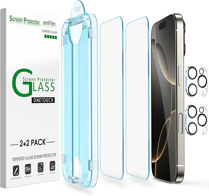 amFilm OneTouch for iPhone 16 Pro Screen Protector 6.3'' Tempered Glass | Auto-Alignment, 30s Install, Bubble Free, Scratch & Drop Protection, HD Clear, Camera Lens Protector[2+2 Pack] (16P-6.3'') by amFilm