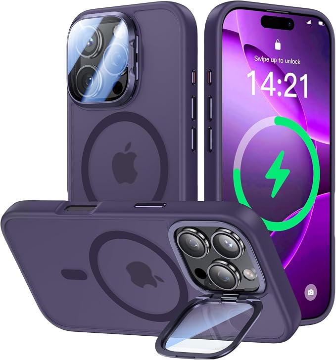 VOFATA [Upgraded] for iPhone 16 Pro Max Case with Camera Cover Stand [Fit for MagSafe][9H Camera Lens Protector] Mil-Grade Protection Translucent Magnetic iPhone 16 Pro Max Phone Case, Purple by VOFATA