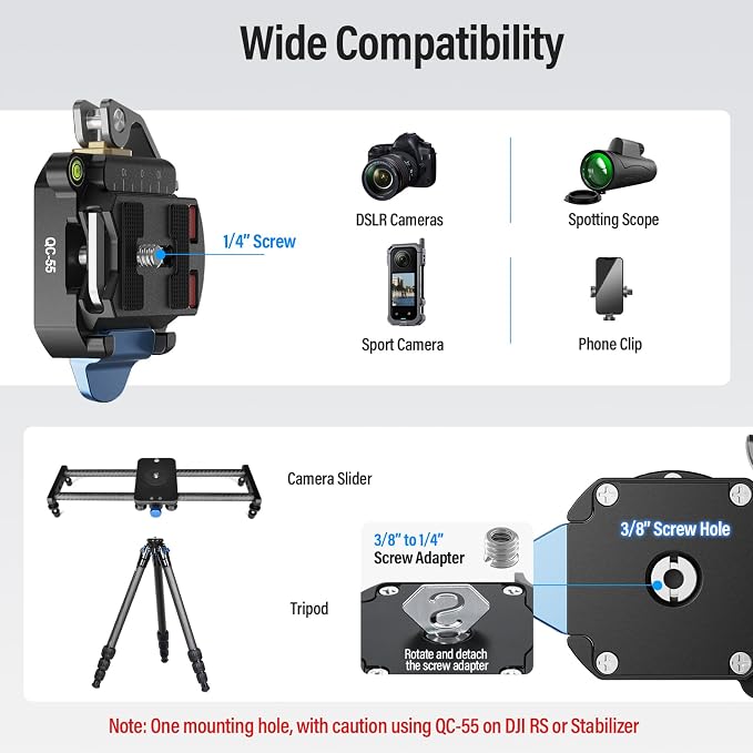 SIRUI QC-55 Quick Release Plate and Clamp, 55mm Camera Mount Adapter | 1/4" & 3/8" Threads, Tripod, Monopod, DSLR, Stabilizer, Quick Release Mount, Camera Rig Compatible - Image 7