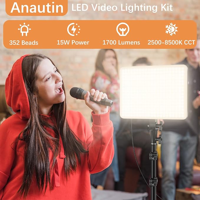 1-Pack LED Video Lighting Kit, Anautin 15W/1700Lux Photography Lighting with Tripod Stand, 2500-8500K Dimmable Streaming Light for Video Recording, Gaming, Podcast, Barber, Salon, TikTok, YouTube - Image 2