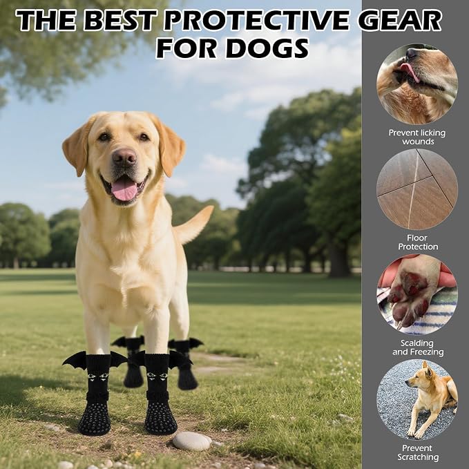 EXPAWLORER Halloween Anti Slip Dog Socks to Prevent Licking Paws, Boots & Paw Protectors with Grippers,Doggie Booties for Hardwood Floors for Small Medium Large Senior Dogs Costume Black Devil Wings L - Image 8